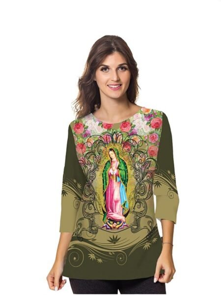 Baby look 3/4 com Imagem da Nossa senhora de Guadalupe